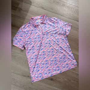Bermies Men's Pink and Blue Shark Patterned Golf Shirt Large